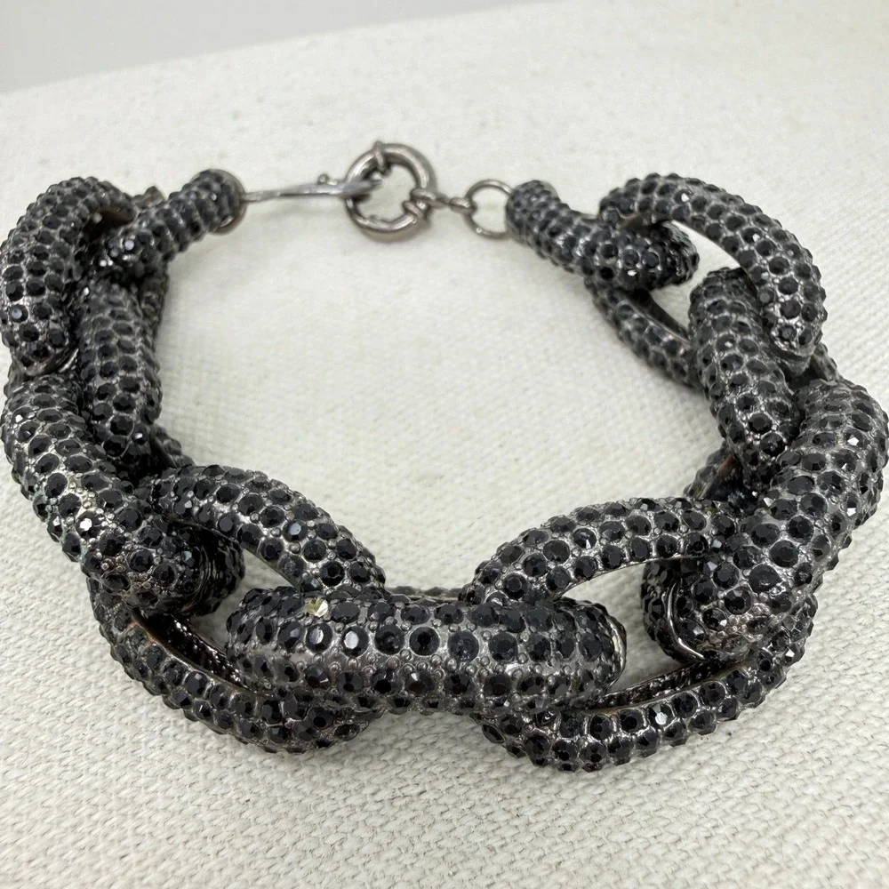 Chunky Link Bracelet Black Rhinestone Silver Tone Statement Bold‎ Sparkle